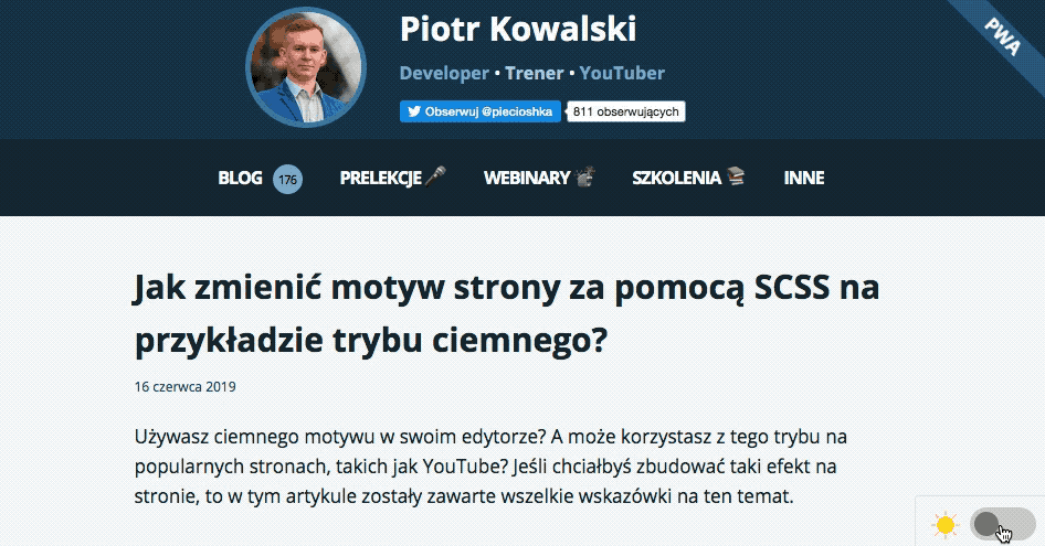 Zmiana trybu z jasne na ciemny na stronie z artykułem